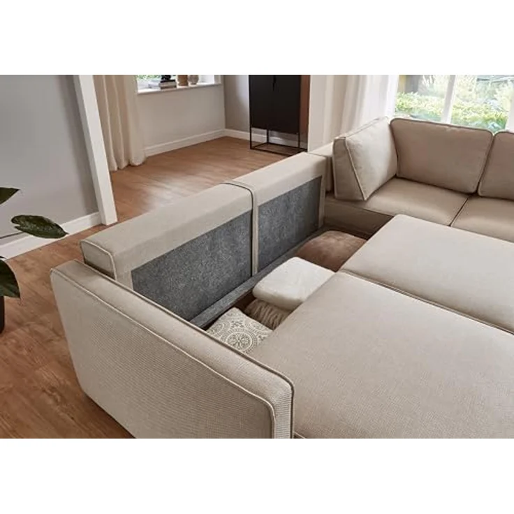 ATLANTIC home collection Eckgarnitur Chill, Schlaffunktion (ca. 135x230 cm), inkl. Bettkasten, frei im Raum stellbar, Wellenunterfederung, Ecke rechts, Creme, BxTxH: 250 x 200 x 86 cm – Bild 7