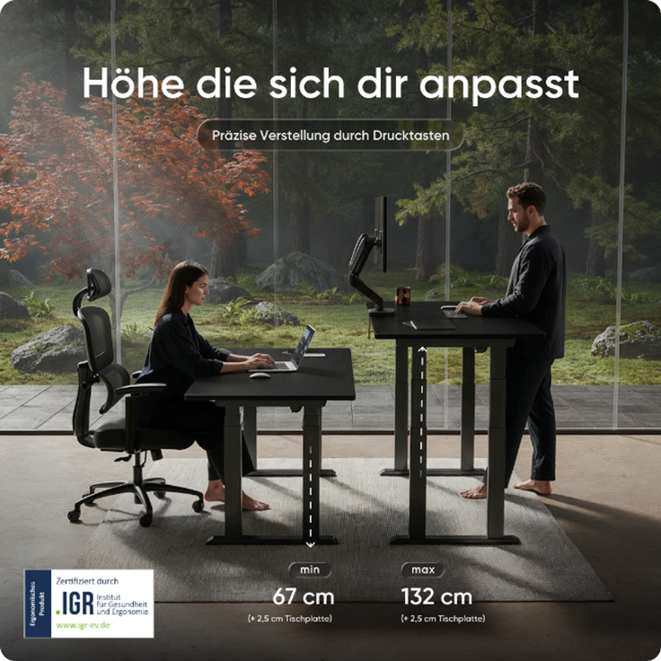 DESKSPACE Höhenverstellbarer Schreibtisch elektrisch mit leisem Dual-Motor – stabiles 4-Bein-Gestell (Grau Gestell, Schwarz Tischplatte, 140×70 cm) – Bild 5