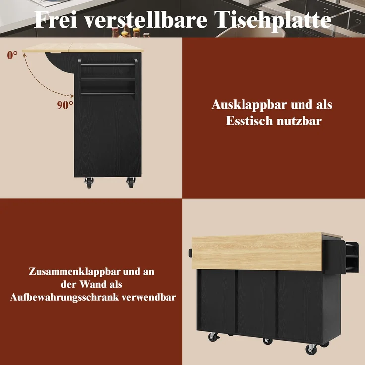Kücheninsel Schwarz klappbarer Küchenwagen mit multifunktionalem Stauraum mit Holzmaserung, Zinkgriffe, verstellbare Schränke – Bild 5