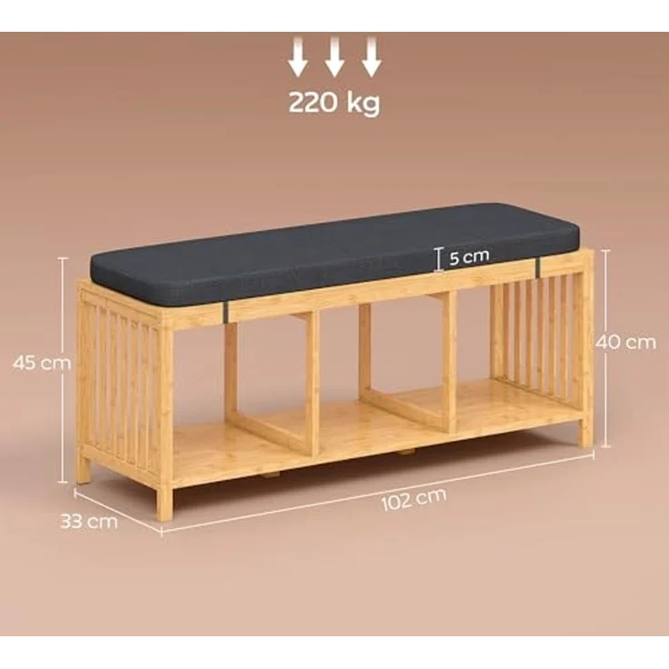 HOMCOM Schuhbank mit Sitzfläche, Schuhregal mit Stauraum, Sitzbank aus Bambus mit offener Ablage, Leinenoptik für Flur und Eingangsbereich, 102 x 33 x 45 cm, Naturholz – Bild 3