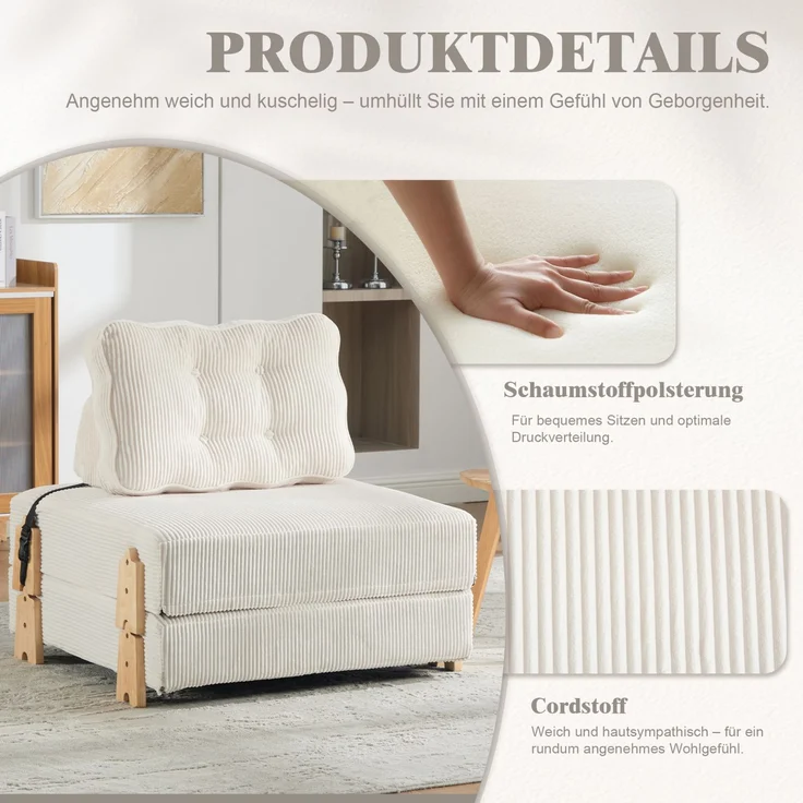 Schlafsessel aus Cord, klappbar mit Holzgestell, 90x86x84 cm, Beige – Bild 8