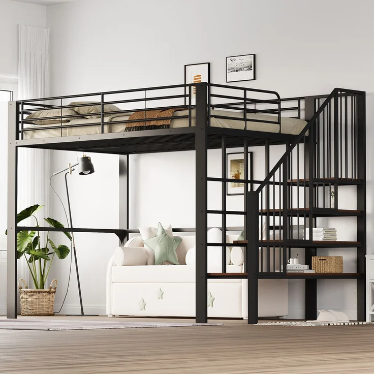 EINHOM Hochbett 140 x 200 cm Stabile Metallkonstruktion mit Geräumigem Stauraum unter dem Bett und Treppe Ideal für Kinder und Erwachsene Stauraumbett für Maximale Platzeffizienz (Ohne Matratze) – Bild 3