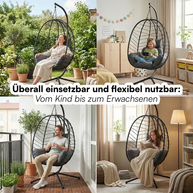 STEELSØN 'Alarian' Hängesessel mit Metallgestell, höhenverstellbar und faltbar, wetterfest, Polyrattan, dunkelgrau/schwarz, bis 150 kg belastbar, inkl. Kissen – Bild 8