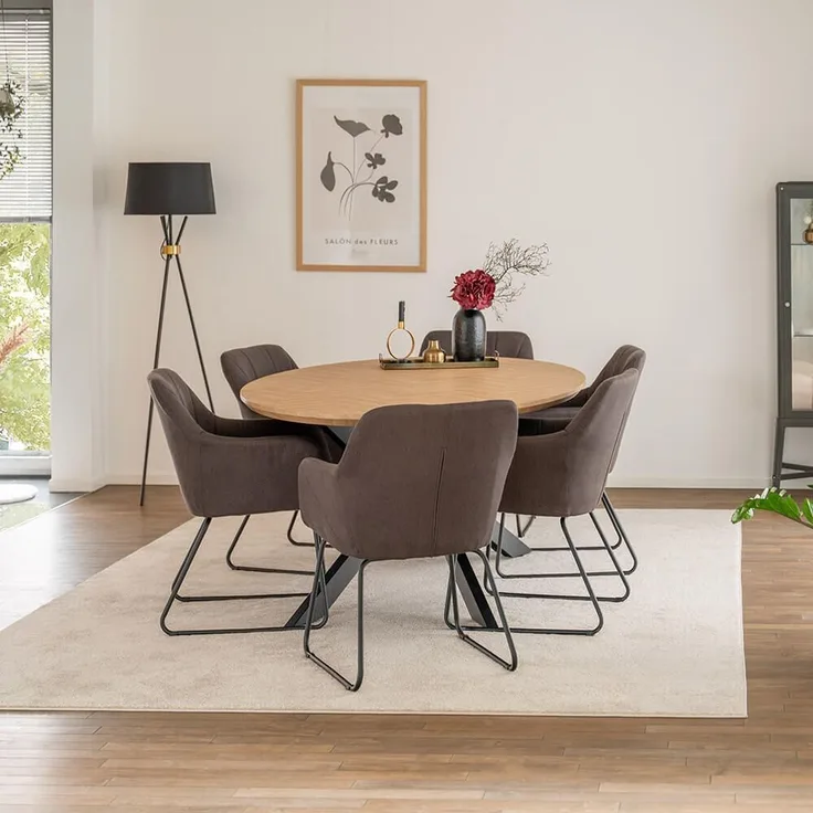 HOME DELUXE Essgruppe Oval inkl. Sternfuß - 200 x 120 cm Fishbone Oak 6 Stühle Anthrazit