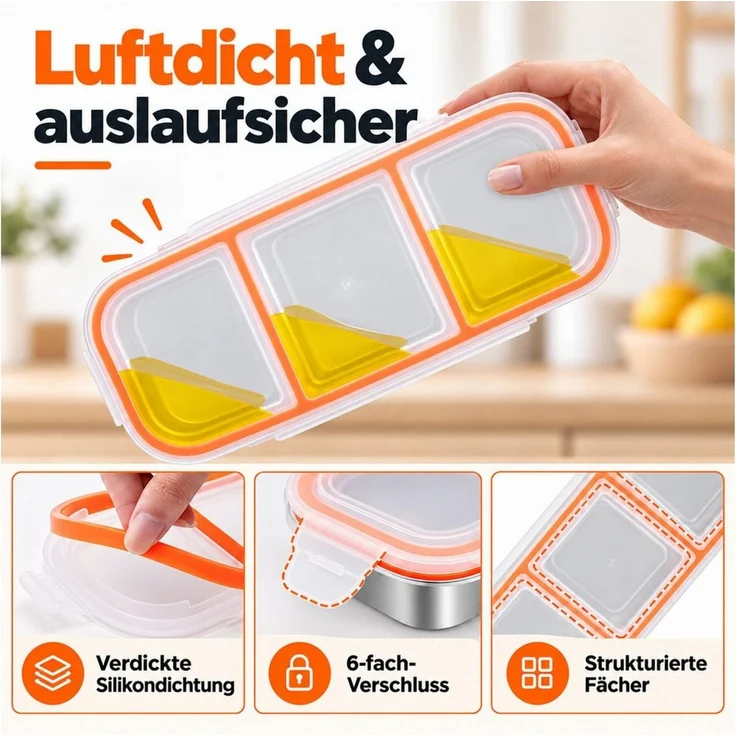 Fyrove Lunchbox aus Edelstahl, Brotdose, Snackbox mit Fächern, 2 Stück, (auslaufsicher, BPA-frei, lebensmittelecht, leicht, tragbar, 2 Stück – 1x2 Fächer + 1x3 Fächer), für Schule, Kindergarten, Arbeit, Camping, Frühstücksdose, Essenbox – Bild 3