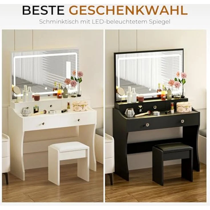 COMHOMA Schminktisch mit Spiegel und LED, 5 Schubladen, 80 x 40 x 135 cm mit Hocker, Steckdosen+verstellbaren LED-Beleuchtung – Bild 9