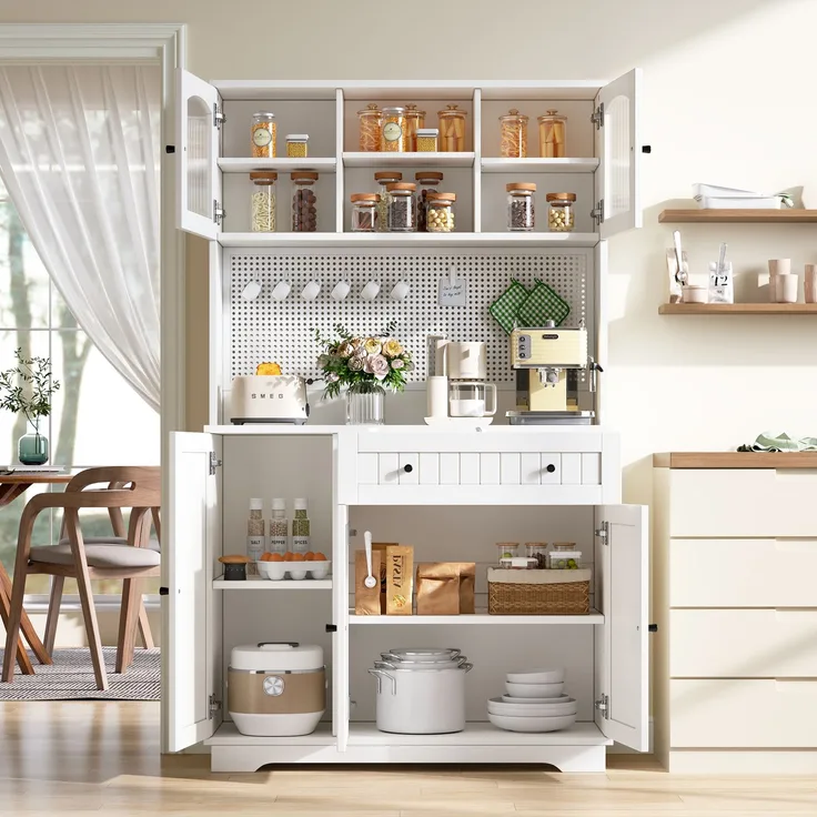 Vitrinenschrank mit Tür, Küchenschrank, Hochschrank, verstellbaren Einlegeböden, Lochblech, Weiß, 103.5× 40 × 180 cm--Weiß--103.5x40x180cm--YOUDENOVA
