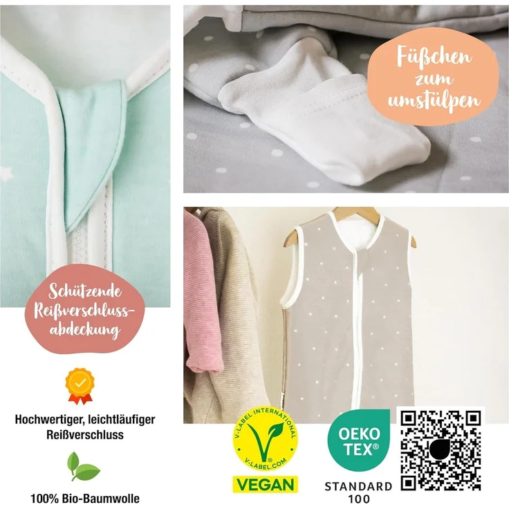 Ehrenkind® Baby Sommerschlafsack mit Füßen 1.0 TOG aus weicher OEKO-TEX zertifizierter Bio-Baumwolle | Sommer Schlafsack | Baby Schlafsack Gr. 80 Jeansblau Tropfen | 1 Tog – Bild 6