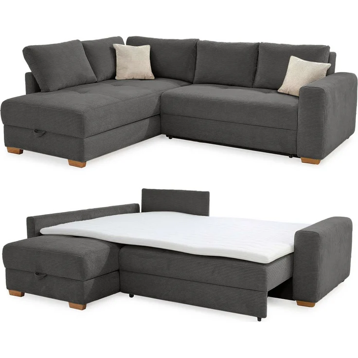 Ecksofa-Dauerschläfer Boxspring Federkerncouch Topper Stauraum Cord Grau Anthr. – Bild 9