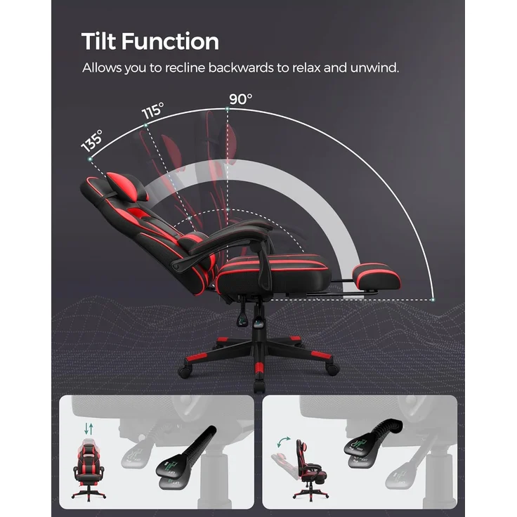 Songmics Bürostuhl, ausziehbare Fußstütze, Kopfkissen, Lendenkissen, höhenverstellbar, ergonomisch, neigbare Rückenlehne, bis 150 kg belastbar, schwarz-rot – Bild 4