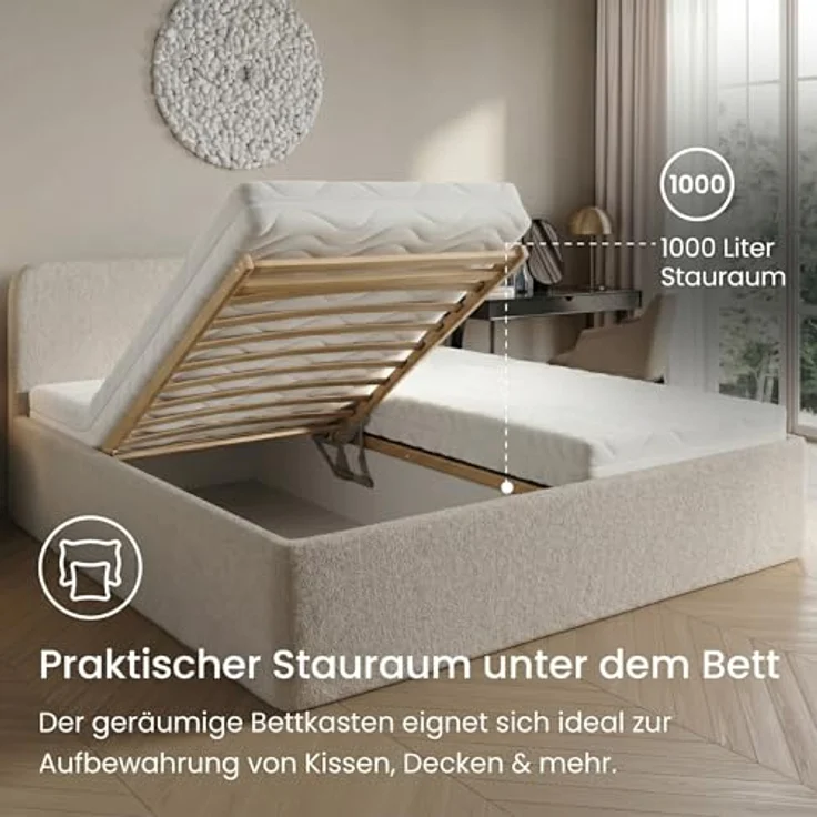 Home Collective Polsterbett mit Stauraum und verstellbarem Lattenrost, Bouclé-Stoff in Creme, viele Größen erhältlich (100x200 bis 200x200), wählbare Matratze Federkern oder Kaltschaum – Bild 4