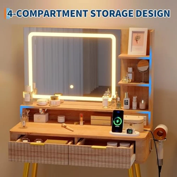 GarveeHome Beleuchteter Schminktisch mit Spiegel, 80 cm (31,5 Zoll) LED-Beleuchtung, 2 Schubladen, 3 Farblichtmodi und integrierter Steckdose für mehr Stauraum und Ordnung im Schlafzimmer – Bild 3