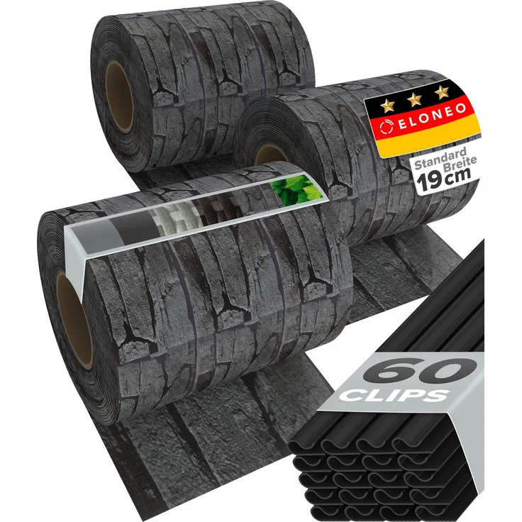 ELONEO PVC Sichtschutzstreifen für Doppelstabmattenzaun, 35m x 19cm je Rolle, 3er-Set Stein