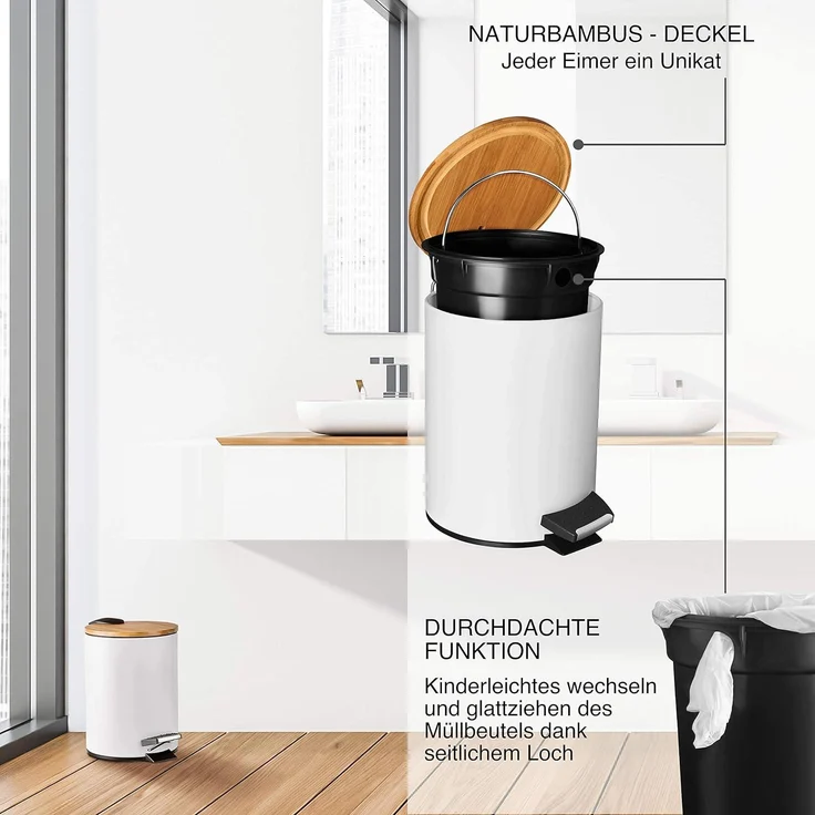 VMbathrooms 3L Kosmetikeimer in edlem weißem Design | Tretmülleimer mit Absenkautomatik (Soft Close) | Eleganter Eimer fürs Bad mit Innenbehälter und Bambus-Holzdeckel – Bild 5