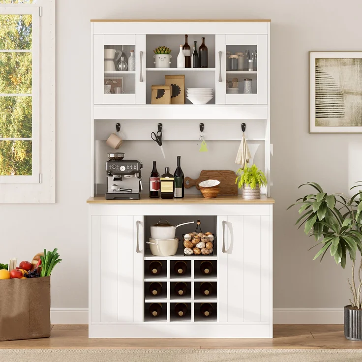 Merax 175cm Küchenbuffet Buffetschrank mit Aufsatz, Küchenschrank mit Glastüren, Weinregal und Hakenleiste, großer Geschirrschrank Vorratsschrank Küchenschrank, Weiß + Holzfarbe – Bild 6