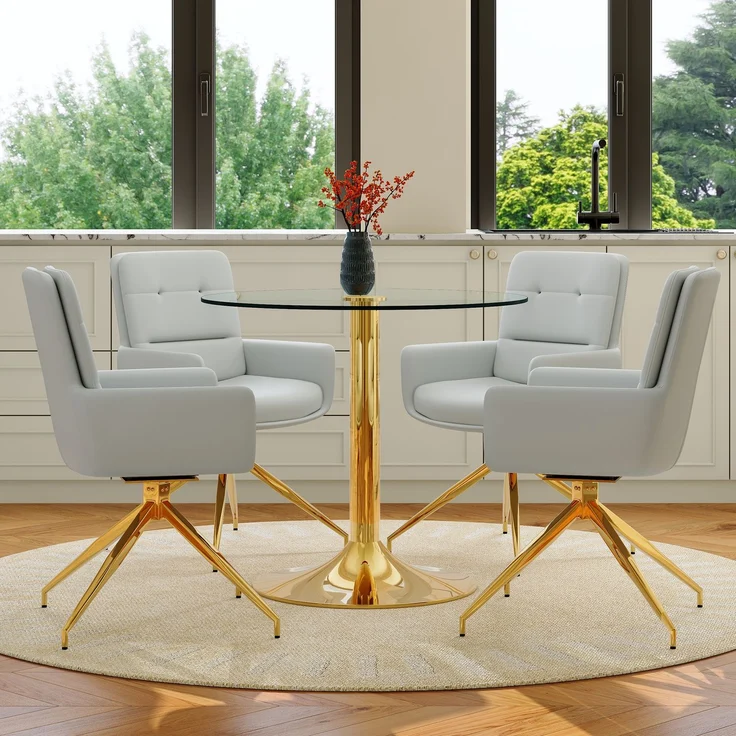 Esstischgruppe H 76 x T 85 x B 85 cm aus gehärtetem Glas mit goldfarbenem Metallgestell, 4 drehbaren PU-Stühlen – Bild 2