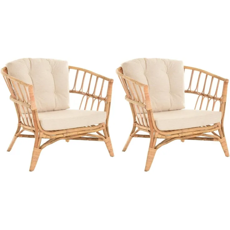 Krines Home Sessel 2er Set Korbsessel mediterran Lounge Rattansessel Natur (Riviera), Rattan Korbstuhl mit Armlehnen Wintergarten