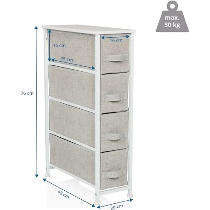 hjh LIVING Kommode mit 4 Stoffschubladen FOLDRESS S 20 x 48 x 76 cm Schubladenkommode Organizer, höhenverstellbare Fußgleiter, Metall-Gestell, Grau – Bild 4