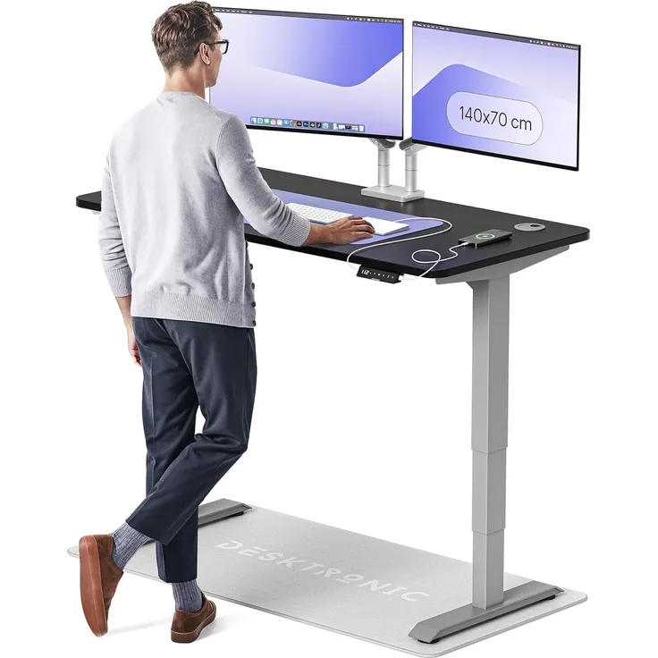 Höhenverstellbarer Schreibtisch - Höhenverstellbar Elektrisch mit Flüsterleisem Dual-Motor & Touchscreen - Hohe Tragfähigkeit - Stehtisch von Desktronic, Grau + Schwarz, 140x70 cm