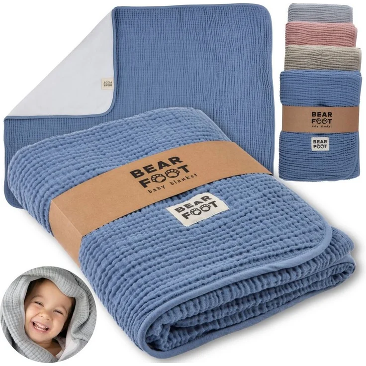 Babydecke Babydecke Musselin Fleecedecke flauschig weich - blau, BEARFOOT, flauschige Kuscheldecke, Baby, Neugeborene, Geschenk Junge & Mädchen – Bild 5