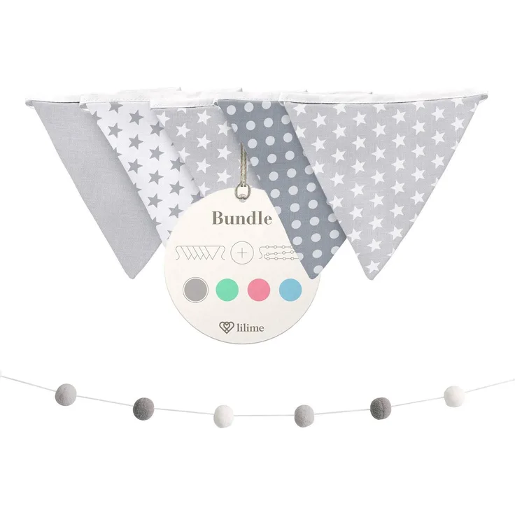 lilime® Wimpelkette Inkl. GRATIS Girlande ideal für Dekoration im Kinderzimmer - Unsere Wanddeko für dein Kind - Super süße Deko für jedes Babyzimmer (1. 9M/Grau)