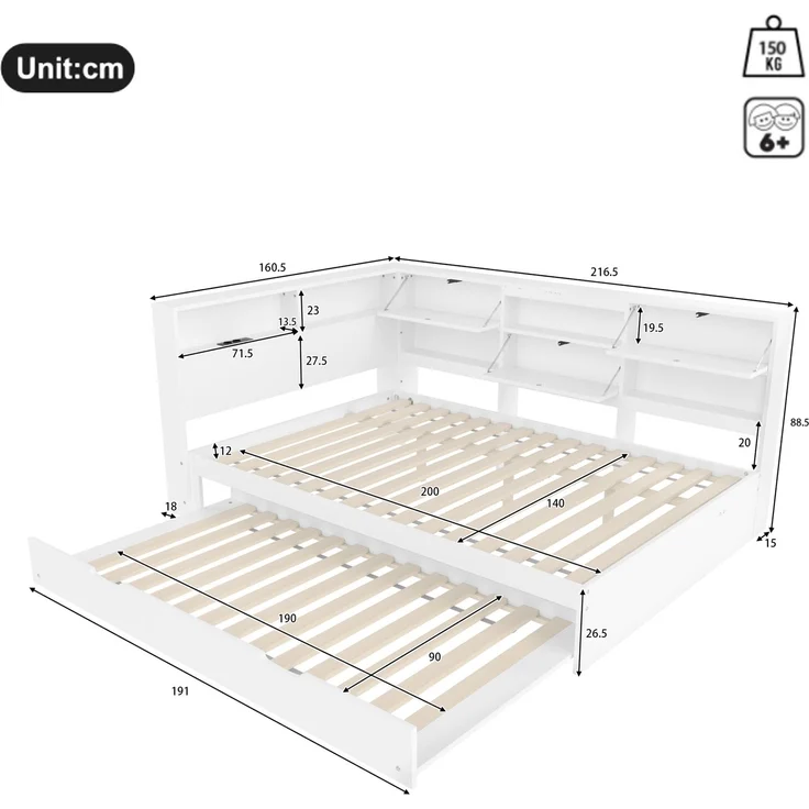 Daybett 140x200 cm mit Ausziehbett und Stauraum – Schlafsofa in Weiß aus Kiefernholz und MDF – Bild 8