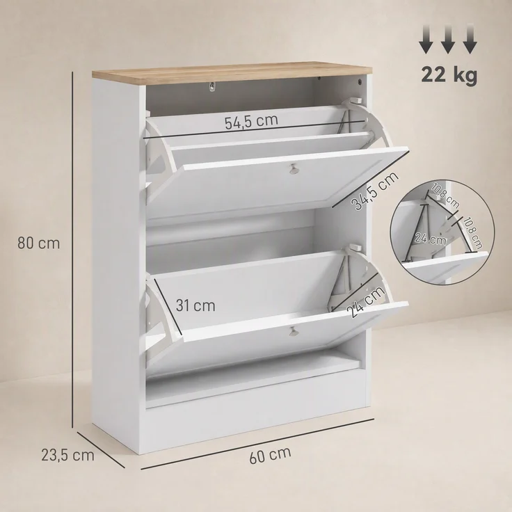 Wohnora-Schuhschrank für 12 Paar Schuhe, Garderobenschrank mit 2 Klappschubladen und verstellbaren Einlegeböden, 60 x 23,5 x 80 cm, weiß,H 800cm x T 600cm x B 235cm,Spanplatte – Bild 4