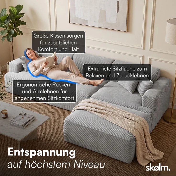 skølm 'Freki' Cloud Sofa 3 Sitzer mit Hocker, Vollschaumcouch mit Federkern und Vakuum-Kompression, kein Aufbau erforderlich, mit 3 Kissen, Cord grau – Bild 6