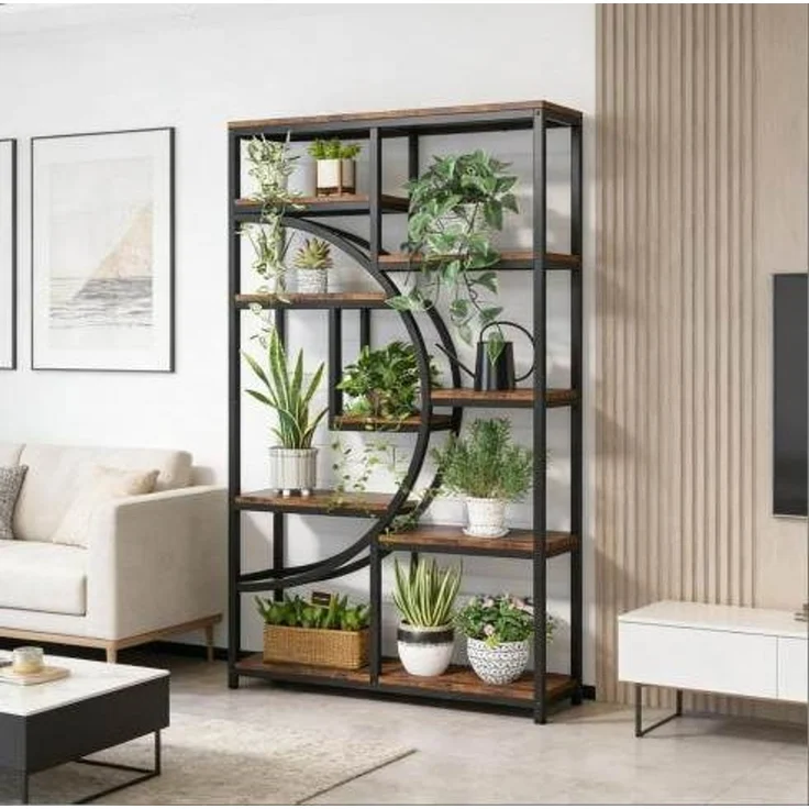 DESVIAE Regal mit 9 offenen Fächern aus Metall und Holz, Schwarz/Rustikbraun, 95 x 30 x 174 cm – Bild 6