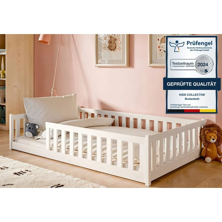 Kids Collective Kinderbett Bodenbett 120x200 cm mit Rausfallschutz & Lattenrost Montessori Bett Bed Gitterbett Kinder Jugendbett Einzelbett | weiß weitere Größen 80x160 | 90x200 | 140x200 cm – Bild 1