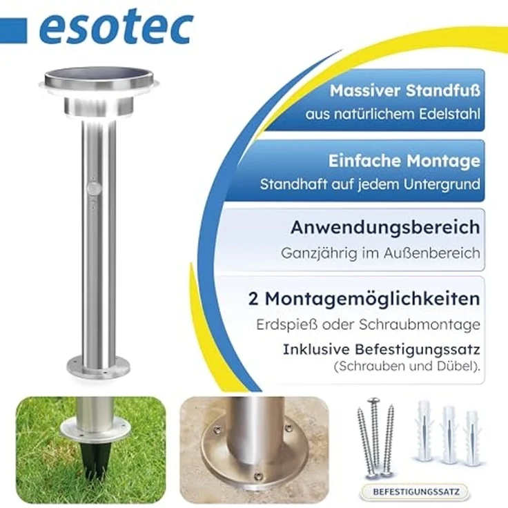 esotec LED Solarleuchte PIR Edelstahl Standleuchte Tini H=45cm 4000K 40 LEDs outdoor 102596, LED fest integriert – Bild 5