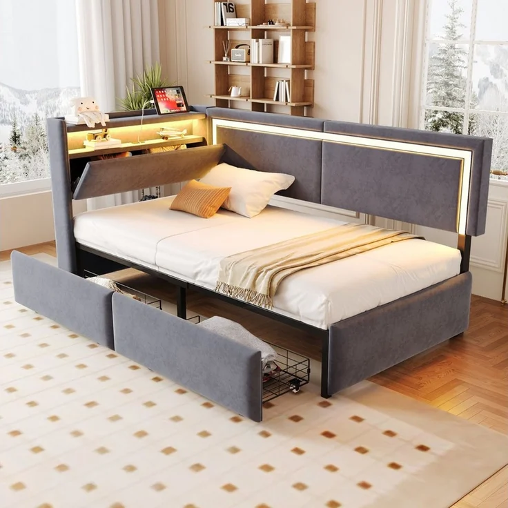 STILVORA Schlafsofa 90x200 mit Matratze und Stauraum Schlafsofa Daybett mit LED und USB, mit LED-Beleuchtung, Kinderbett inklusive Aufbewahrungsschublade, Samtstoff Polsterbett, Daybett 90x200 cm, ohne Matratze – Bild 5