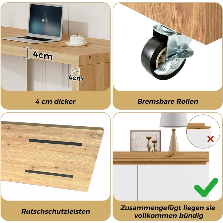 ZUBALIYA Schreibtisch mit feststellbaren Rollen – multifunktionales Design, 4 cm dickere, drehbare Tischplatte, fest arretierbar, weiß/Eiche, Faltbarer Schreibtisch, Eckschreibtisch, Sideboard,Dicke Materialie – Bild 3