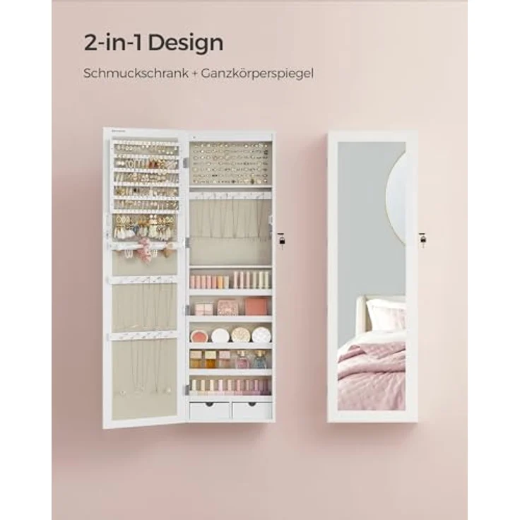 Songmics Schmuckschrank mit LED Beleuchtung und Spiegel, MDF Weiß-Greige, 10 x 37 x 120 cm – Bild 4