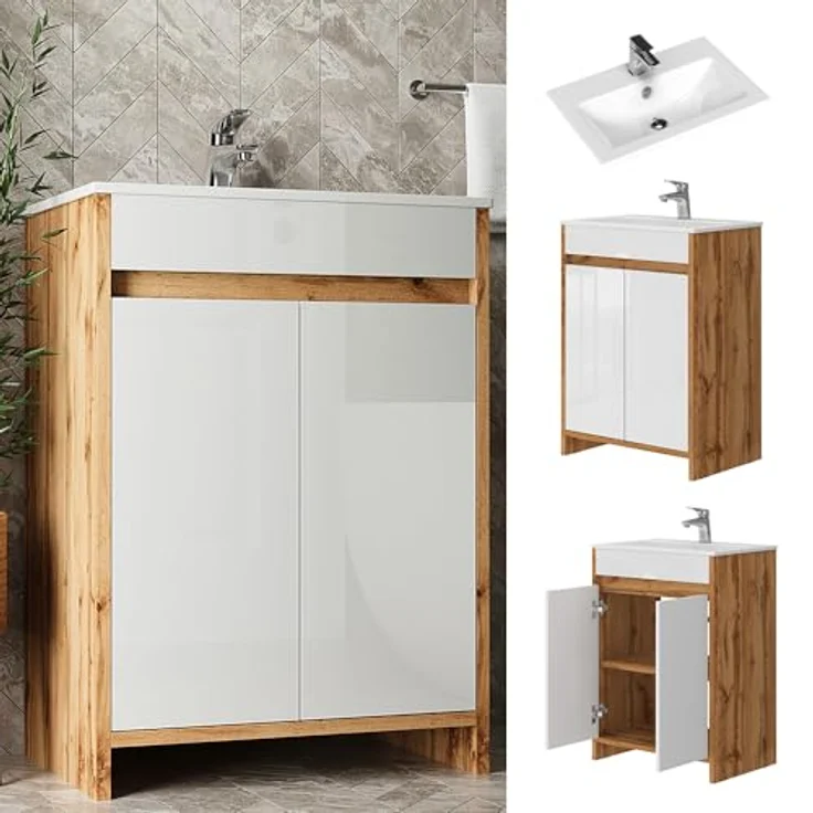 Vicco Waschbeckenunterschrank Lemgo, Badmöbelset in Goldkraft-Eiche mit weißem Hochglanz-Front und Keramikwaschbecken, 59,6 x 81,9 x 40 cm – Bild 4