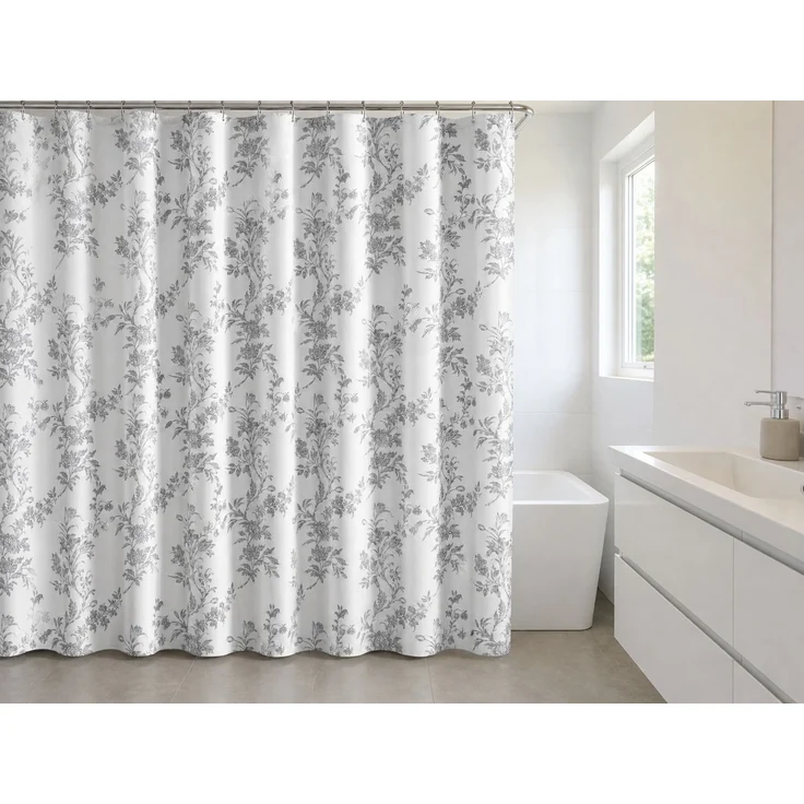 Duschvorhang mit Blumenmuster wasserabweisend Weiß-Grau, 165x180 cm – Bild 2