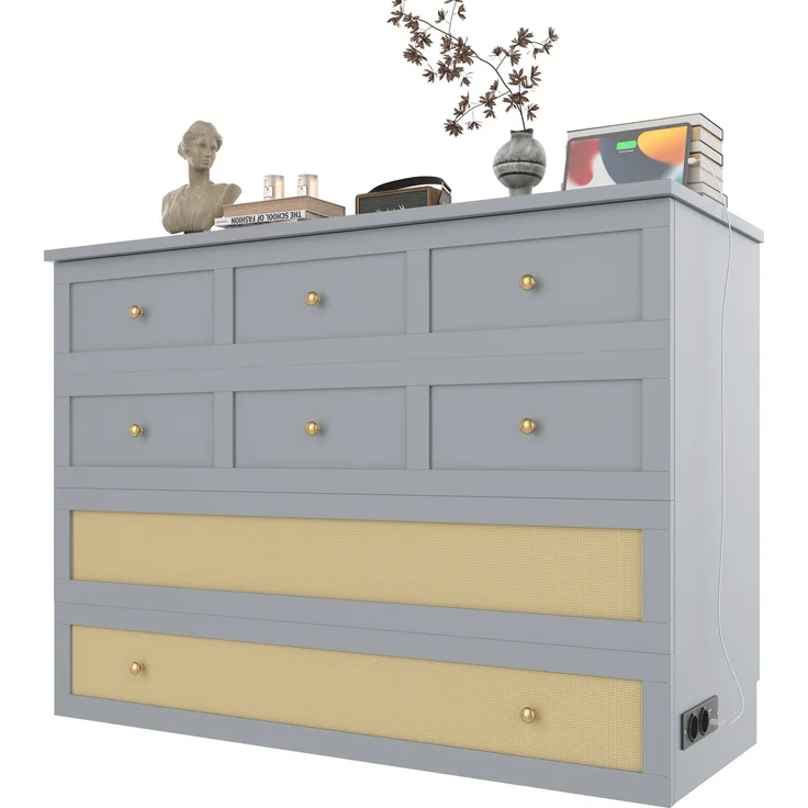 Schrankbett, 140 x 200, Mobiles Schrankbett mit Schubladen am Bettende und Regal am Kopfende des Bettes, mit USB und Steckdose, Umbaubares Plattformbett, Ohne Matratze, Grau – Bild 8