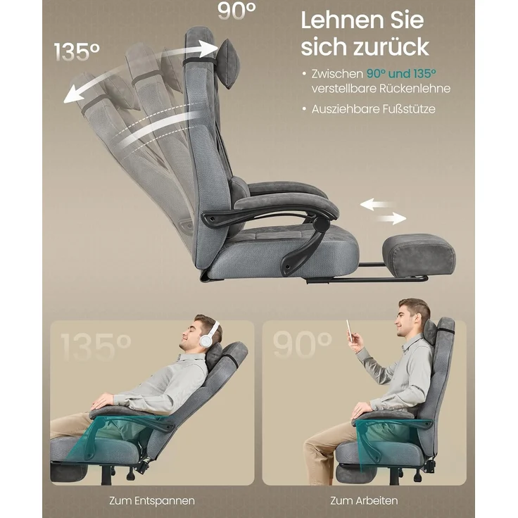SONGMICS Gaming-Stuhl, Bürostuhl, Computerstuhl, ergonomisches Design, mit Fußstütze, verstellbares Kopfkissen – Bild 7