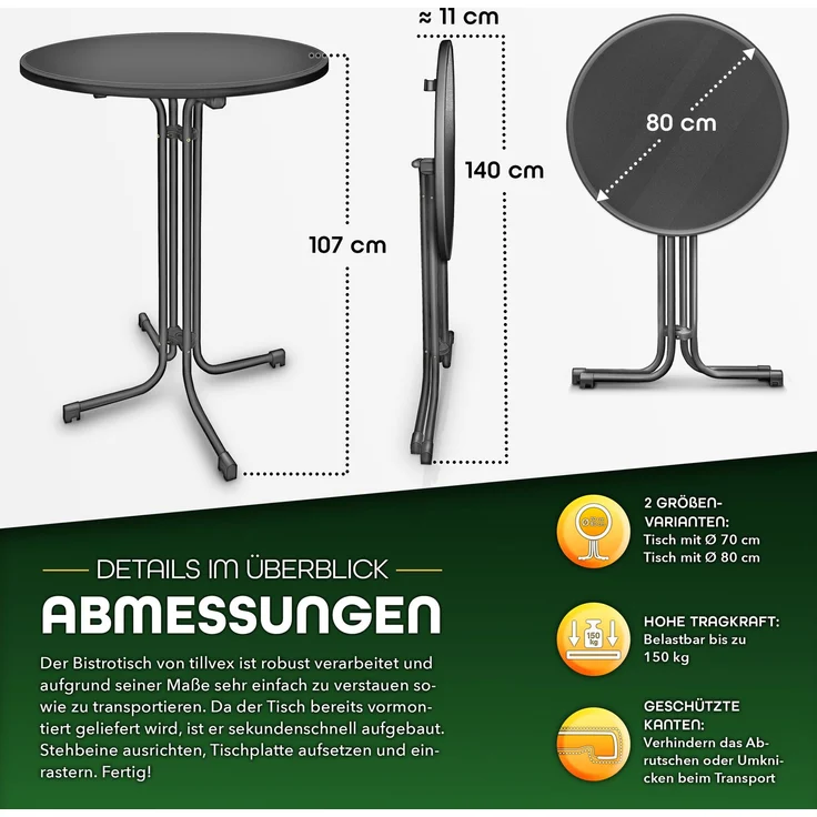 tillvex® Gastro Stehtisch klappbar Ø80cm anthrazit | Bistrotisch FERTIG MONTIERT | Klapptisch rund - wetterfester Partytisch | Gartentisch Indoor & Outdoor – Bild 5