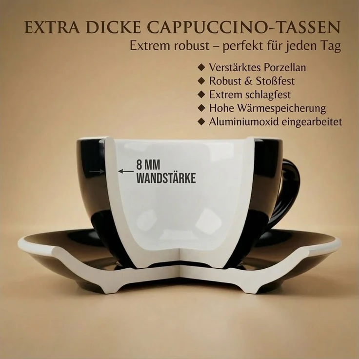 MUVELL Cappuccinotasse 6er Cappuccino-Set "Rimini" Tasse 200ml+Untertasse, schwarz, 6-tlg, Keramik, 200 ml Schwarz mit weißen Rand und Innenfläche – Bild 4