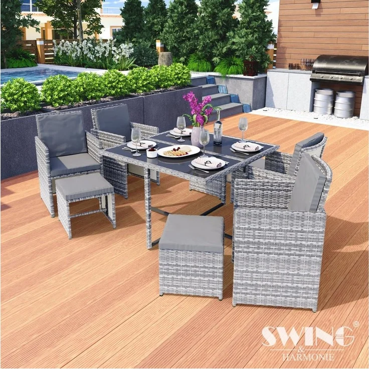 Swing&Harmonie Garten-Essgruppe Poly Rattan Sitzgruppe Esstisch Lounge Gartenmöbel, (Sitzgarnitur, Tisch, Stühle, Hocker Garnitur Set)