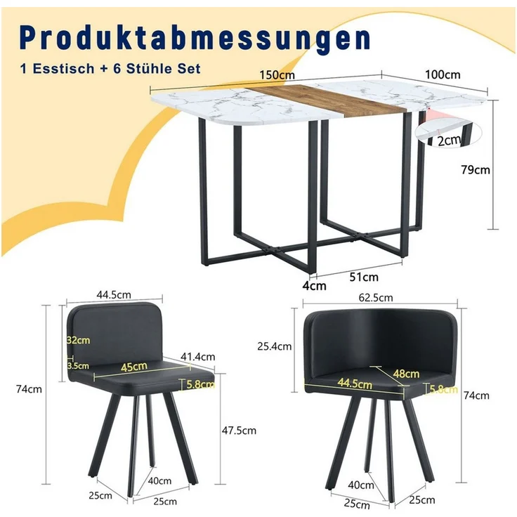 ANYSUN Essgruppe Esstisch-Set,Esstisch mit 6 Stühlen, für 4-6 Personen, (Set, 7-tlg,Tisch mit Holzmaserung-Oberfläche & schwarzem Metallgestell, Tisch mit 6 Stühlen), Esszimmerstuhl,rechteckig Küchentisch,ideal für Küche & Wohnzimmer – Bild 4