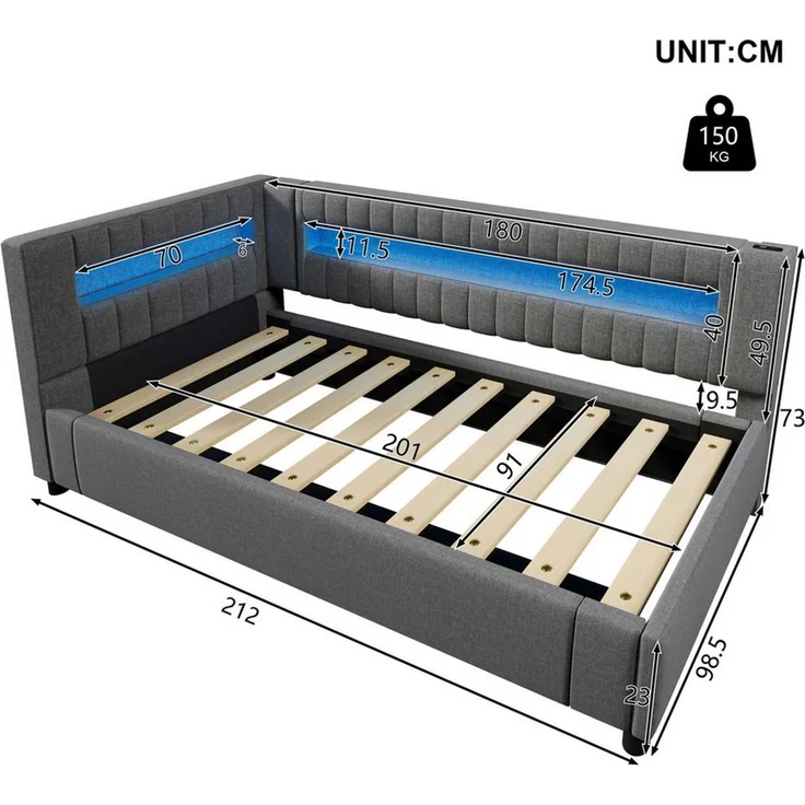 BlingBin Polsterbett Daybett Tagesbett Schlafsofa Jugendbett (1-tlg, mit LED-Lichtleiste, hydraulische Stauraum, USB und Type-C), 90×200cm, ohne Matratze, Leinen, Grau – Bild 2