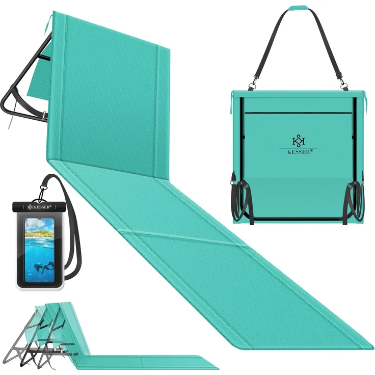 KESSER® Strandmatte, klappbar mit verstellbarer Rückenlehne, faltbar mit Tragegurt, wasserdichter Handyhülle & Aufbewahrungstasche, bis 130kg, Blau, 180cm x 53cm x 40cm – Bild 1