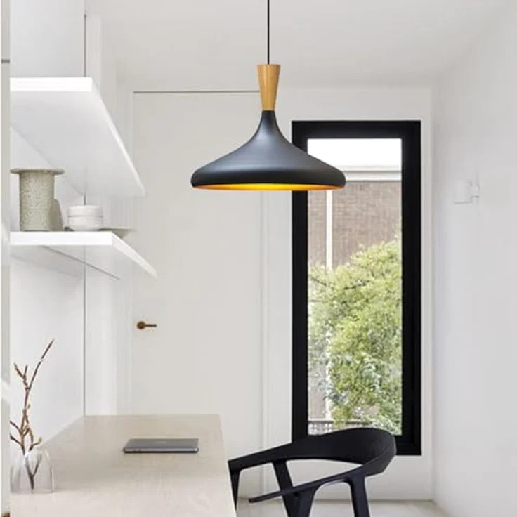 bamyum Champion Pendelleuchte, 35 cm Hängelampe aus Holz und Metall, E27 Fassung, moderne skandinavische Deckenlampe in Schwarz für Esstisch, Schlafzimmer, Wohnzimmer und Küche – Bild 2
