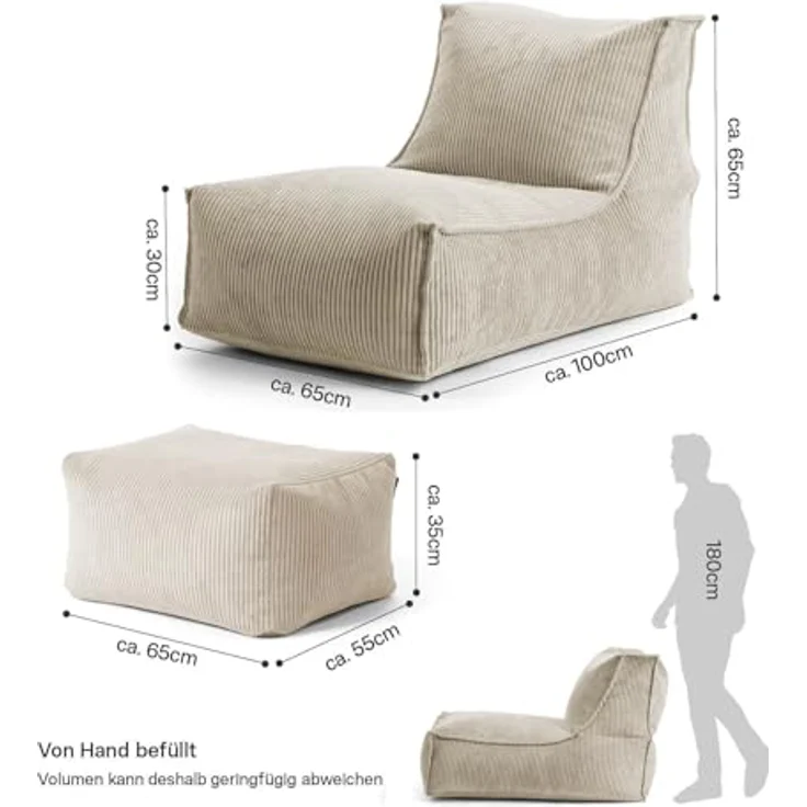 mokebo Sitzsack Der Sundowner (aus weichen Cord in Natur), mit Hocker, gemütliche Indoor Bean Bag & Relaxliege in Beige – Bild 4
