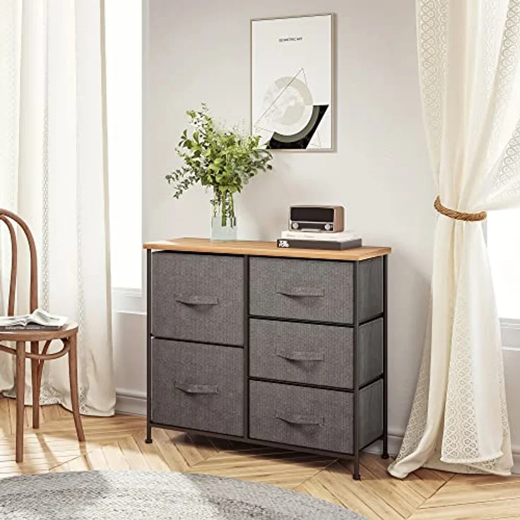 Mondeer Kommode, Kommode Schmal, Schrank mit 5 Groß Schubladen, Stoff Schubladenschrank, Kleideraufbewahrung, Aufbewahrung Schrank, 85x30x70cm, Stabiler Metallrahmen, Grau – Bild 2