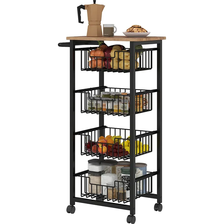 Wohnora-5-stöckiger Rollwagen mit 4 Auszugskörben und Ablage, 49,5 x 31 x 91 cm, Eiche und Schwarz,H 910cm x T 495cm x B 310cm