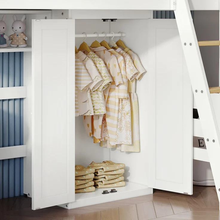 Etagenbett Kinderbett 90x200 mit Fallschutzgitter, Schreibtisch, Kleiderschrank, offene Regale – Bild 6