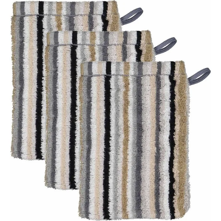 CAWÖ Waschhandschuh, 3er Pack - C Life Style Stripes, Waschlappen, Walkfrottier Beige 16x22cm